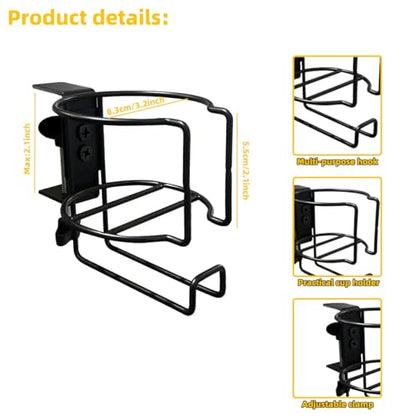 2 in 1 Desk Cup Holder with Headphone Hanger, Mug Hooks | Anti-Spill Clip-On Cup Holder Clamp for Office,Home,Gaming Desk&Lawn Chair - size: 2IN1