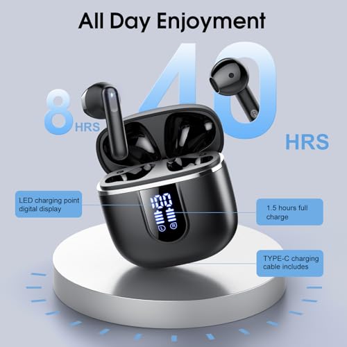 Wireless Earbuds, 2026 Bluetooth 5.4 Headphones with 3D Bass Stereo, 40H Ultralight in-Ear Buds, Bluetooth Earbuds with 4 ENC Noise Cancelling Mic, USB-C LED, IP7 Waterproof Earphones for Android iOS - color: Ebony