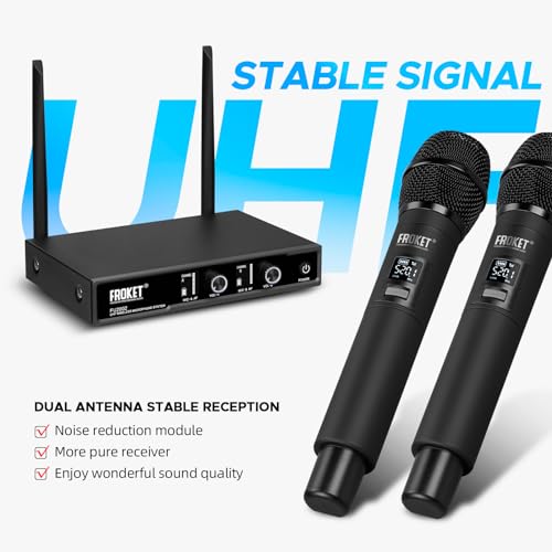 FU-2002 Dual Handheld UHF Wireless Microphone System - 260ft Range, Auto Pairing, LCD Display for Church/Speech/Meeting