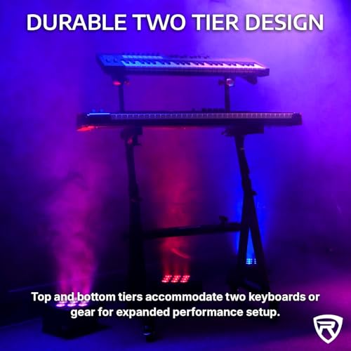 Rockville Z45W Dual Tier Keyboard Stand, Adjustable Height 26"-38", Width 23.4"-34", 250 lb Capacity, Lockable Wheels, Ideal for Digital Piano, Synths, and DJ Gear, Includes Travel Bag