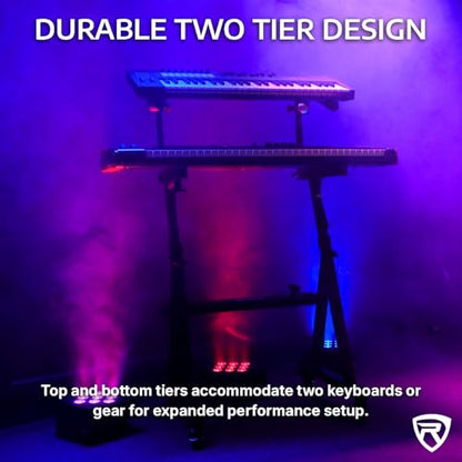 Rockville Z45W Dual Tier Keyboard Stand, Adjustable Height 26"-38", Width 23.4"-34", 250 lb Capacity, Lockable Wheels, Ideal for Digital Piano, Synths, and DJ Gear, Includes Travel Bag
