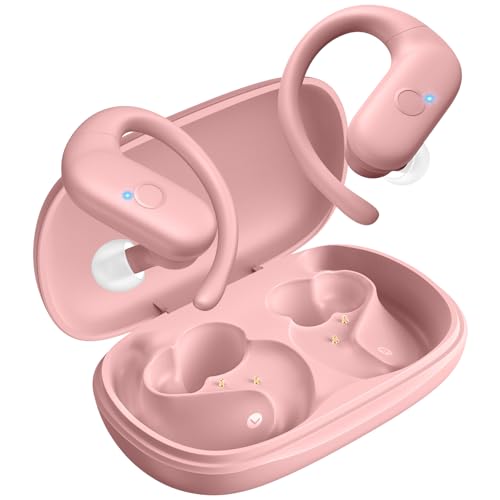 Sport Wireless Earbuds,60Hrs BT5.4 ENC IPX7 Waterproof Earhooks Deep Bass | 14.2mm drivers deliver rich stereo sound. Soft silicone ensures a secure, painless fit for long workouts. - color: Pink