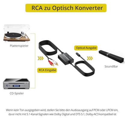 PROZOR Analog to Digital Audio Converter, RCA to Optical Audio Converter, with Built-in RCA to Optical Cable, Analogue Signals into Digital Audio, for Turntable/CD/DVD to Soundbar (Not Reversible) - style: RCA to Optical