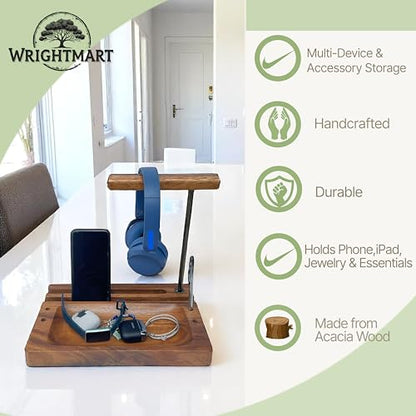 Multi-Device Headphone Stand, Acacia Wood Tech Organizer with Storage Tray | Solid 1.5 in thick acacia wood organizer for headphone, phone, tablet & accessories, gaming & office desk setup, workspace - style: Headphone Cell iPad Holder