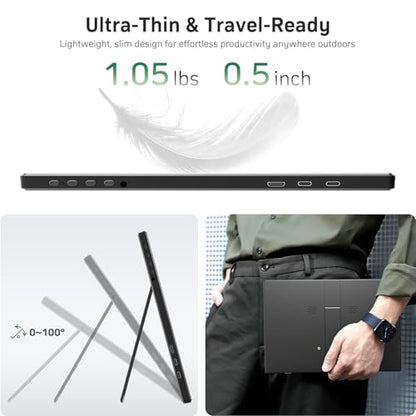 KQC 14 Inch Portable Monitor FHD 1200P, Ultra-Slim USB-C HDMI Plug & Play External Display, 100% sRGB Dual Speakers, Travel Laptop Monitor with Stand for PC Phone Xbox PS4/5 - size: 14 Inch 1200P