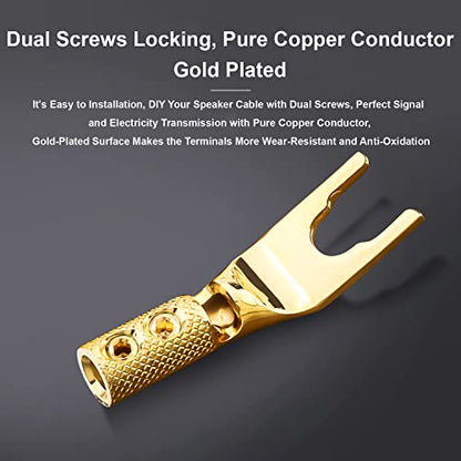 4PCS Spade Connector,45 Degree Pure Copper Audio Fork Y Spade Plug DIY with Heat Shrink Tubing and Hex Wrench,Double Screw Locking Speaker Cable Plug for Speaker Cables (Knurled Gold Plated) - color: Gold Plated Knurled Style