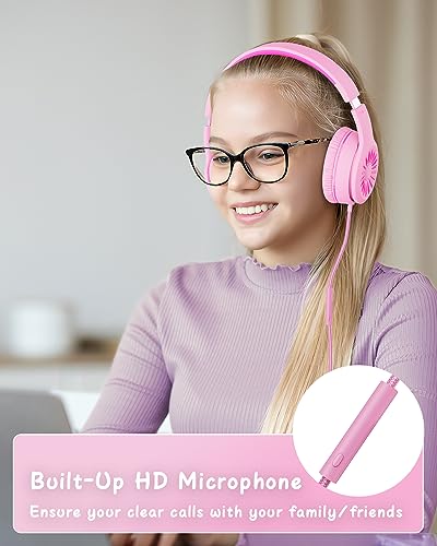 Wired Headphones with Microphone, K16 On-Ear Headphones for Kids with 3.5MM Jack, Foldable Stereo Bass Headphone for Teens School Amazon Kindle, Fire, Chromebook, Tablet (Pink Red)