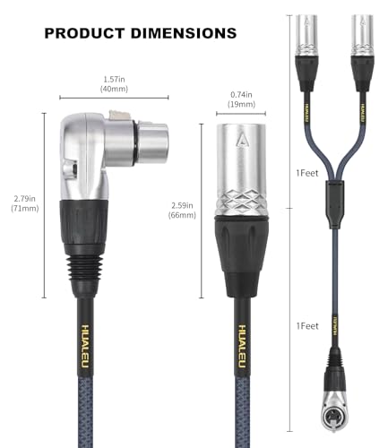 2Ft Right Angle 3Pin XLR Female to Dual 3Pin XLR Male Y Splitter 1 Female to 2 Male Audiao Cable, Mixer, Microphone,Amplifier Y Splitter Cable - color: Right Angle XLR 1 Female to 2 Male, size: 2Ft*1Pack