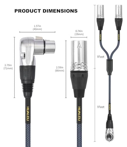 2Ft Right Angle 3Pin XLR Female to Dual 3Pin XLR Male Y Splitter 1 Female to 2 Male Audiao Cable, Mixer, Microphone,Amplifier Y Splitter Cable - color: Right Angle XLR 1 Female to 2 Male, size: 2Ft*1Pack
