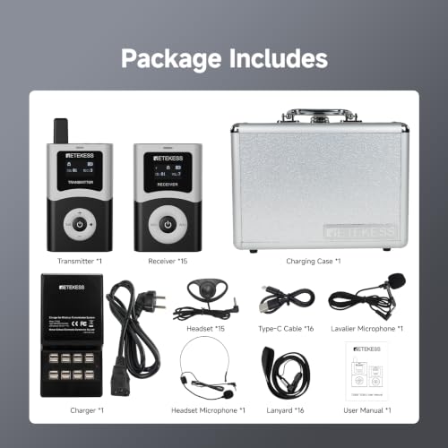 Retekess T130U(4nd Gen T130)Tour Guide System, Translation System(1TX 15RX) | for Church,School,Travel, with 17-Slot Charge Case, Digital mode, 200M, 40H, Less Interference voice, Wireless connection - style: 15 with Charge Case