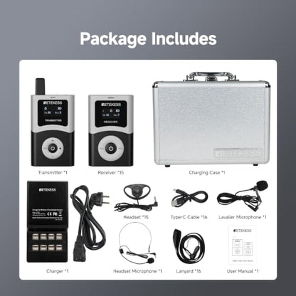 Retekess T130U(4nd Gen T130)Tour Guide System, Translation System(1TX 15RX) | for Church,School,Travel, with 17-Slot Charge Case, Digital mode, 200M, 40H, Less Interference voice, Wireless connection - style: 15 with Charge Case