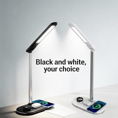 IHAO 3in1 Wireless Charging Eye-Care Desk Lamp 15W Fast Charging Station for Phone, Smartwatch & Earbuds, Touch Control Dimmable LED Light Adjustable Gooseneck, Modern Office Table Lamp-HYT2096 Black - color: Table Lamp 3in1 wireless charger HYT2096 Black