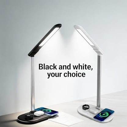 IHAO 3in1 Wireless Charging Eye-Care Desk Lamp 15W Fast Charging Station for Phone, Smartwatch & Earbuds, Touch Control Dimmable LED Light Adjustable Gooseneck, Modern Office Table Lamp-HYT2096 Black - color: Table Lamp 3in1 wireless charger HYT2096 Black