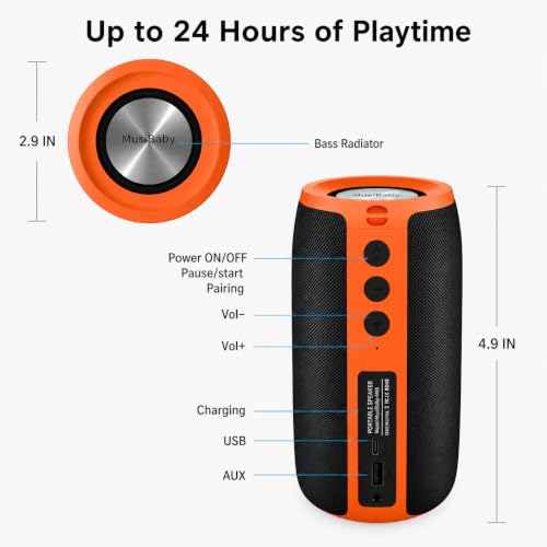 Musibaby M68 Bluetooth Speaker, 12W, IPX5, 24H Playtime, OrangeBlack | Portable, small and compact with USB playback, AUX input, FM radio, TF card playback, up to 24H and dual pairing. - color: OrangeBlk