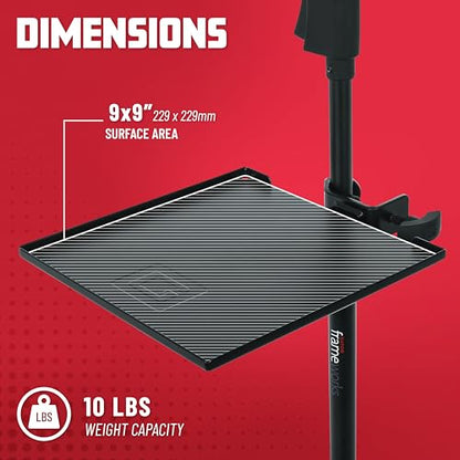 Gator Frameworks Microphone Stand Utility Shelf; 9" x 9" (GFW-SHELF0909) | Steel Tray Secures Accessories with Raised Edges and Clamps to Most Mic Stands 10 lb Weight Capacity - size: 9" x 9" Utility Shelf, style: 9" x 9" Shelf