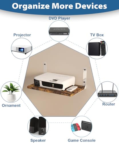 Wall-Mounted Projector Shelf, Wooden Media Holder Holds Up to 24 lbs, Floating Entertainment Shelves Furniture for Cable Box, WiFi Router, TV Box, Game Console, DVD Player, White - color: White