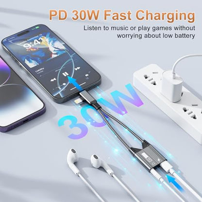 Magnetic Lightning + USB C to 3.5mm Headphone and Charger Adapter,【Apple MFi Certified】 2-in-2 USB C/Lightning to Aux Audio Jack with PD Fast Charging Cable Compatible with iPhone 16/15 /14/Samsung