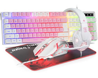 BlueFinger RGB Gaming Keyboard and Backlit Mouse and Headset Combo, USB Wired Backlit Keyboard, LED Gaming Mouse Set, Headset with Microphone for Laptop PC Computer Game and Work (White & Pink) - color: White & Pink