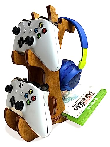 Wooden Controller Stand - Dual Game Controller Holder | Headphone Hanger, Phone Stand, Universal Gaming Accessories, Portable Headset Storage Organizer