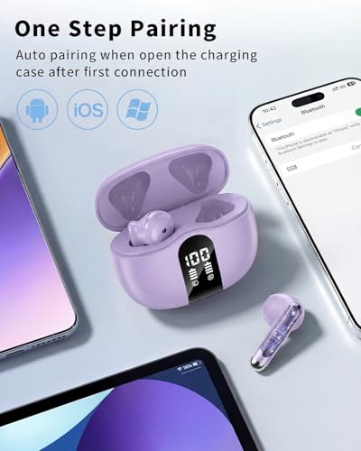 Wireless Earbuds, 2026 Bluetooth 5.4 Headphones Bass Stereo Ear Buds with Noise Cancelling Mic, LED Display in Ear Earphones 50H Playtime Ear Buds, IP7 Waterproof for Laptop Pad Phones Deep Purple - color: Deep Purple