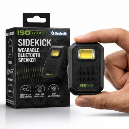 ISOtunes Sidekick Wearable Bluetooth Speaker, Clip On Bluetooth Speaker | 20-hour battery, Bluetooth 5.4 with mic, magnetic clip, LED light, USB-C charging, IP67, MIL-STD-810H drop tested