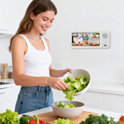 Shower Phone Holder with Wireless Bluetooth Speaker, Waterproof 480 Rotation Viewable Shower Phone Stand Case Mount Speakers for Bathroom Wall Mirro for 4"- 6.8" Cell Phones ,Gift for Mom(White) - color: White