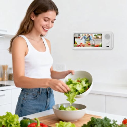 Shower Phone Holder with Wireless Bluetooth Speaker, Waterproof 480 Rotation Viewable Shower Phone Stand Case Mount Speakers for Bathroom Wall Mirro for 4"- 6.8" Cell Phones ,Gift for Mom(White) - color: White