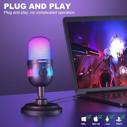Gaming Microphone, USB Computer Microphone for PC, Mac, PS4/5, Condenser Podcast Mic for Studio Recording, for Streaming Podcast YouTube, with Led Light