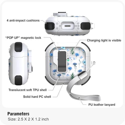 WENEW Case for AirPods 4th Case Cover Secure Lock Automatic Snap Switch Clip Cleaner Kit Lanyard Women Stylish Flower Armour Hard Shell Full Body Front LED Visible (Blue Flower, AirPods 4th) - color: Blue Flower, size: AirPods 4