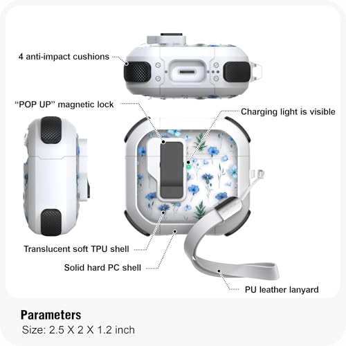 WENEW Case for AirPods 4th Case Cover Secure Lock Automatic Snap Switch Clip Cleaner Kit Lanyard Women Stylish Flower Armour Hard Shell Full Body Front LED Visible (Blue Flower, AirPods 4th) - color: Blue Flower, size: AirPods 4