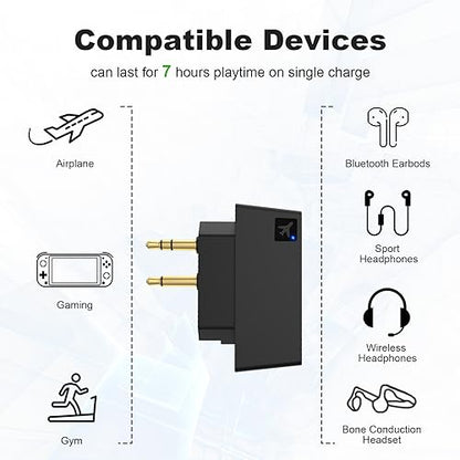 Airplane Bluetooth Adapter for Wireless Headphones and Any 3.5mm Aux Jack on Airplane, Bluetooth 5.0 Transmitter Receiver Fits for TV, iPad, Speaker, Gym, Foldable Single/Double Gold Plug (Micro USB)