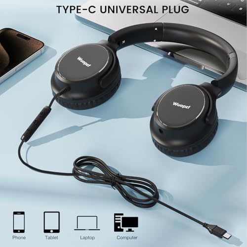 USB C Wired Over-Ear Headphones with Microphone | Volume Control, Share Port, Adjustable Headband Foldable Stereo Headset for Adult/Teens for iPhone 16, Laptop, Gaming, Travel - color: Black