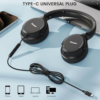 USB C Wired Over-Ear Headphones with Microphone | Volume Control, Share Port, Adjustable Headband Foldable Stereo Headset for Adult/Teens for iPhone 16, Laptop, Gaming, Travel - color: Black