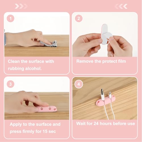 Mabor 3PCS Cable Clips Cord Wire Organizer Electrical Cable Management Holders 4 Hole Silicone Cable Harness USB Charging Accessory Cute Cable Holder for Office and Home Desk (Pink)