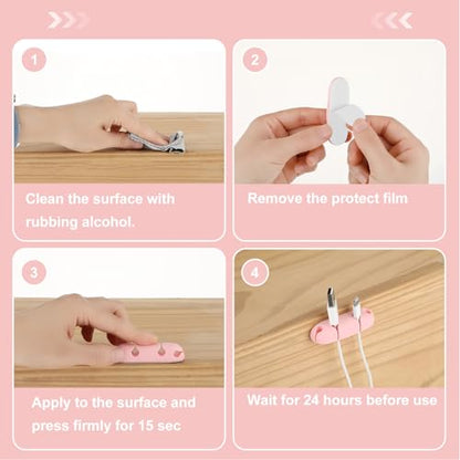Mabor 3PCS Cable Clips Cord Wire Organizer Electrical Cable Management Holders 4 Hole Silicone Cable Harness USB Charging Accessory Cute Cable Holder for Office and Home Desk (Pink)