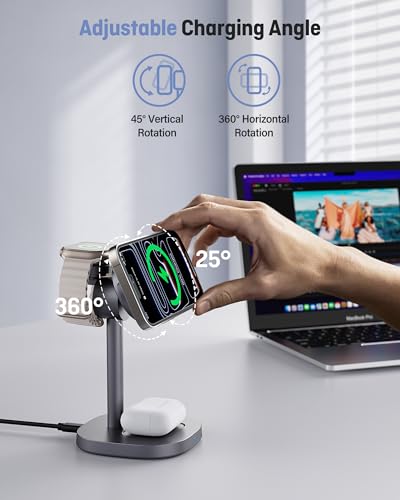 Augnner 3 in 1 Wireless Charging Station, 25W Certified Fast Magnetic Charger, Magnetic Wireless Charger Stand with TEC Active Cooling, for iPhone17/16/15/14/13/12, Apple Watch/AirPods