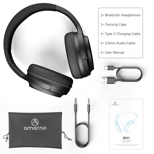 AMORNO Bluetooth Headphones Over Ear, 68 Hours Playtime Wireless Headphones with Mic, Foldable Adjustable Lightweight HiFi Stereo Headset for Cellphone/PC/Work/Travel/Home/Office (Black) - color: Black