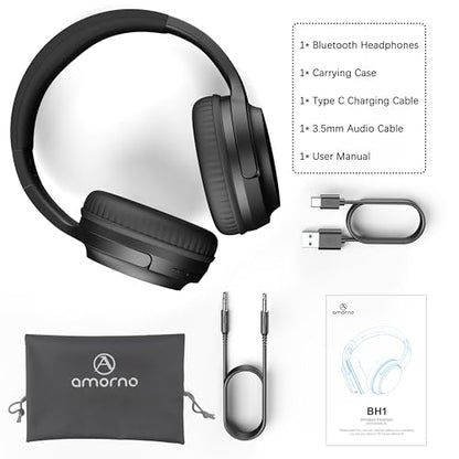 AMORNO Bluetooth Headphones Over Ear, 68 Hours Playtime Wireless Headphones with Mic, Foldable Adjustable Lightweight HiFi Stereo Headset for Cellphone/PC/Work/Travel/Home/Office (Black) - color: Black