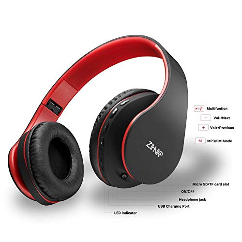 ZIHNIC Bluetooth Headphones Over-Ear, Foldable Wireless and Wired Stereo Headset Micro SD/TF, FM for Cell Phone,PC,Soft Earmuffs &Light Weight for Prolonged Wearing (Black/red) - color: Red