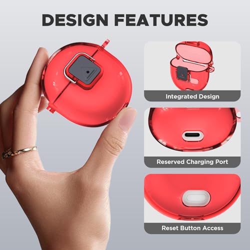 [Safety Lock] Compatible with Google Pixel Buds 2A Case, TPU Anti-Yellowing Shockproof Protective Cover for Google Pixel Buds 2A 2025, Includes Cleaning Kit & Carabiner (Transparent Red) - color: Transparent Red