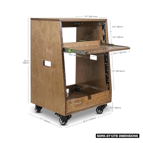 Sound Town DIY Slanted 12U Studio Rack (4U Top + 8U Lower), with 2U Bottom Storage, Slide-Out Tray, Caster, Plywood, Weathered Brown for Recording Room, Home Studio (SDRK-ST12TB) - size: 12U(4U Top + 8U Lower),Weathered Brown