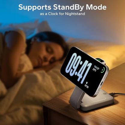 Eazpower 3 in 1 Foldable Wireless Charging Station for MagSafe, Nightstand Magnetic Charger Stand for iPhone 17 16 15 14 Pro Max, Travel Charging Dock with Night Light for Apple Watch/AirPods (Gray) - color: Gray