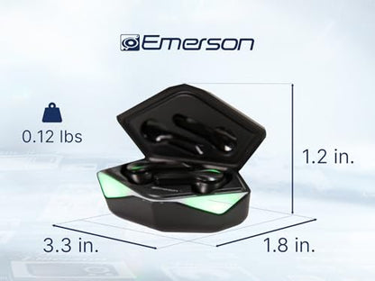 Emerson EG-1501 True Wireless Gaming Earbuds with Low-Latency Audio, Built-in Microphone, Bluetooth 5.1 Connectivity, RGB LED Lighting, and Noise-Cancellation – Perfect for Gaming and Streaming