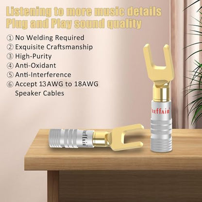 Preffair 24K Gold Plated Y Spade Plug Double Screw Welding-Free 13-18 AWG Gauge Size 4mm Speakers Amplifier Hi-Fi AV Stereo Home Theatre Audio Wire Cable Connector, 4 Pcs/2Pairs