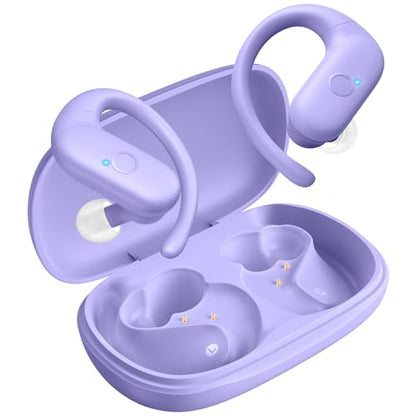 Sport Wireless Earbuds,60Hrs BT5.4 ENC IPX7 Waterproof Earhooks Deep Bass | 14.2mm drivers deliver rich stereo sound. Soft silicone ensures a secure, painless fit for long workouts. - color: Purple