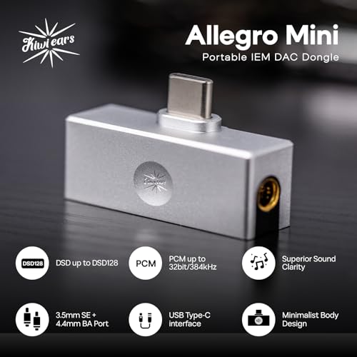 Linsoul Kiwi Ears Allegro Mini Portable IEM DAC, in Ear Monitor Amplifier | USB C to 3.5/4.4mm Output, with Custom Chip, High Resolution 32bit/384kHz, HiFi Earbuds Amp for Phone/PC, Silver - color: Silver