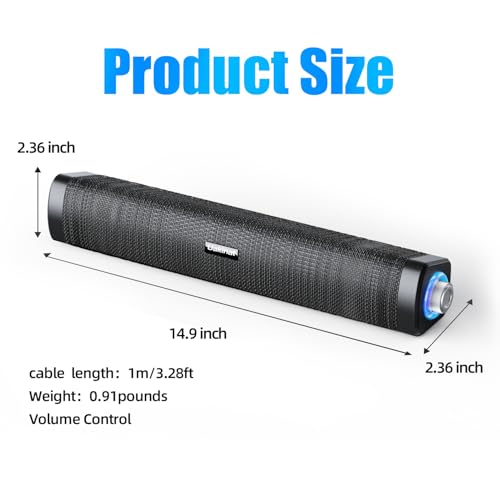 Uakinat USB Computer Speakers,Computer Speakers with 3.5 mm aux,Wired USB Powered & Colorful LED Lights with Switch Button,Surround Sound Portable SoundBar for Monitor Laptop Phone(Black)