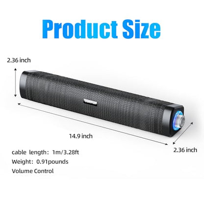 Uakinat USB Computer Speakers,Computer Speakers with 3.5 mm aux,Wired USB Powered & Colorful LED Lights with Switch Button,Surround Sound Portable SoundBar for Monitor Laptop Phone(Black)