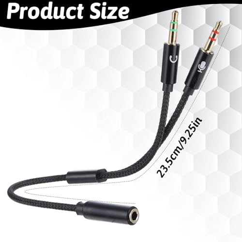 Headphone Splitter for PC, Braided 3.5mm TRRS Female to Dual TRS Male Headset Splitter, Y Audio Splitters Cable Cord for Gaming Headphone Microphone Computer Speaker Laptop, Black