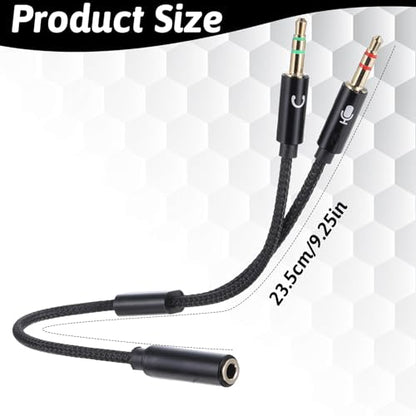 Headphone Splitter for PC, Braided 3.5mm TRRS Female to Dual TRS Male Headset Splitter, Y Audio Splitters Cable Cord for Gaming Headphone Microphone Computer Speaker Laptop, Black
